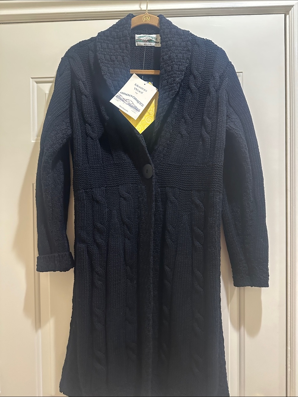 Aran Crafts merino wool black Cable Knit Shawl Collar Long Cardigan